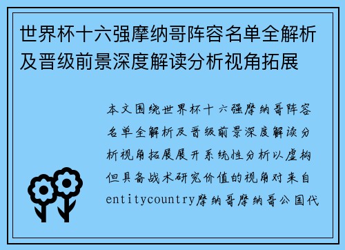 世界杯十六强摩纳哥阵容名单全解析及晋级前景深度解读分析视角拓展 世界杯十六强摩纳哥阵容名单全解析及晋级前景深度解读分析视角拓展